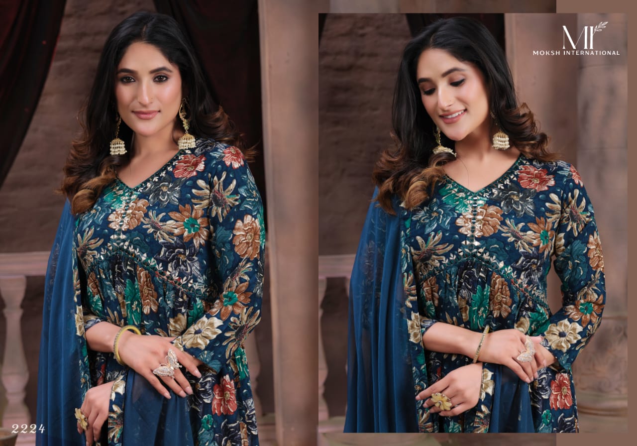 Alia Vol 1 By Moksh Printed Rayon Alia Cut Kurti With Bottom Dupatta
